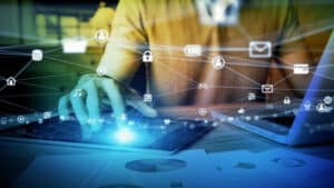 Communication network concept. Smart office. IoT (Internet of Things) concept.